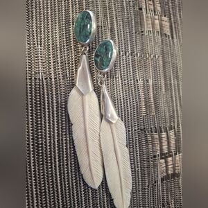 Solomon Green Stone and White Marble Feather Drop Earrings